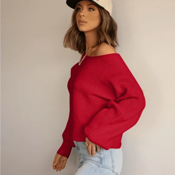 NWOT Magnolia Vibrant Red Off-Shoulder Sweater - Picture 4 of 8